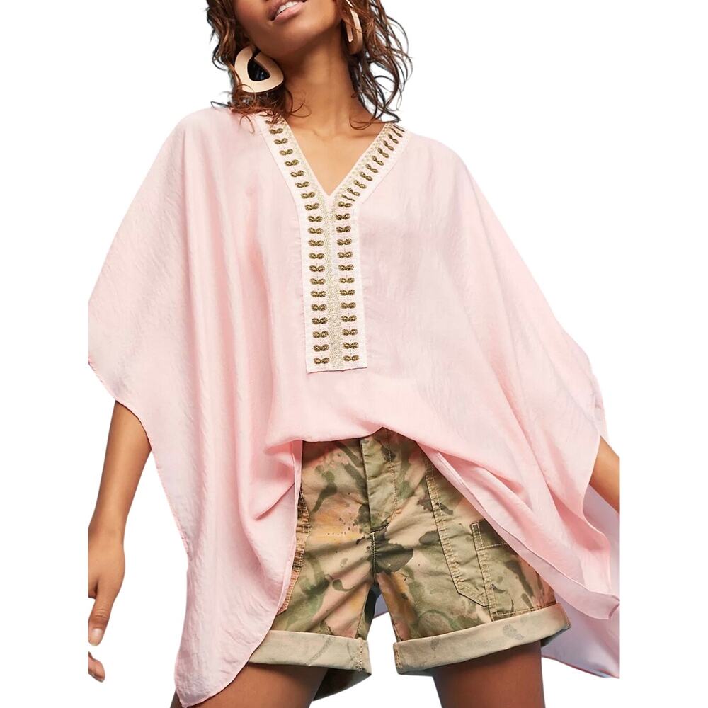 Anthropologie Floreat June Embroidered Poncho Top in Pink One Size